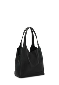Czarna skórzana torba na ramię z dwoma długimi, miękkimi uchwytami, o wyraźnym kształcie i gładkiej fakturze. Posiada dyskretną kieszeń na zamek z boku.