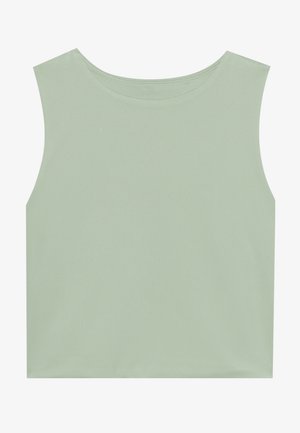 Světle zelený top bez rukávů vyrobený z jemné a hladké tkaniny. Má kulatý výstřih a uvolněný, boxy střih bez jakýchkoli vzorů nebo akcentů.