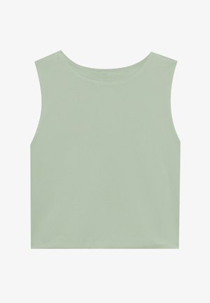 Hellgrünes ärmelloses Oberteil aus einem weichen, glatten Stoff. Hat einen runden Ausschnitt und einen lockeren, kastigen Schnitt ohne Muster oder Akzente.