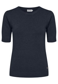 Dark navy short-sleeve sweater made of a smooth knit fabric. Features a crew neckline and a small brand logo at the hem.