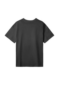 Black cotton t-shirt with short sleeves, a crew neck, and a simple, smooth texture. Back view shows no graphics or additional details.