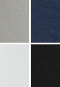 Vier Stoffmuster in einem Raster: oben links grau, oben rechts marineblau, unten links weiß, unten rechts schwarz; glatte Textur.