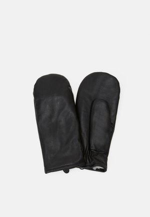 Black leather mittens with a smooth texture and rounded tips. Elasticated wrist for a secure fit. No visible hardware or patterns.