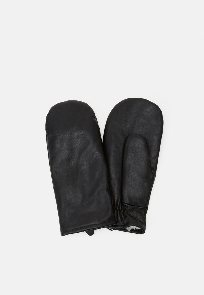 Moufles en cuir noir avec une texture lisse et des bouts arrondis. Poignet élastiqué pour un ajustement sécurisé. Aucun matériel ou motif visible.