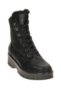 Schwarze Schnürstiefeletten mit texturiertem Obermaterial, Fellbesatz am Kragen und einer robusten Sohle mit ausgeprägtem Profil.