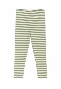 Csíkos leggings világos zöld és krémszínben. Ranco-anyagból készült, testhezálló fazonnal. Egyenlő szélességű függőleges csíkokkal rendelkezik.