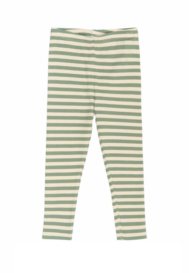 Csíkos leggings világos zöld és krémszínben. Ranco-anyagból készült, testhezálló fazonnal. Egyenlő szélességű függőleges csíkokkal rendelkezik.
