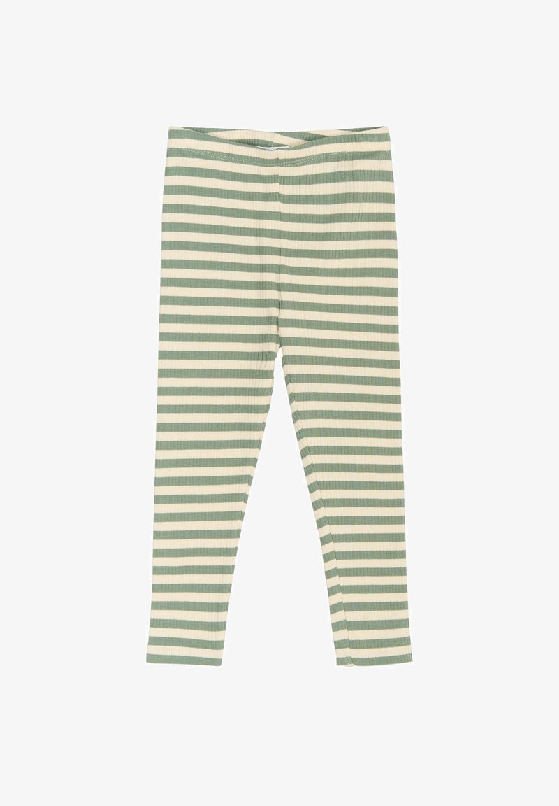 Csíkos leggings világos zöld és krémszínben. Ranco-anyagból készült, testhezálló fazonnal. Egyenlő szélességű függőleges csíkokkal rendelkezik.
