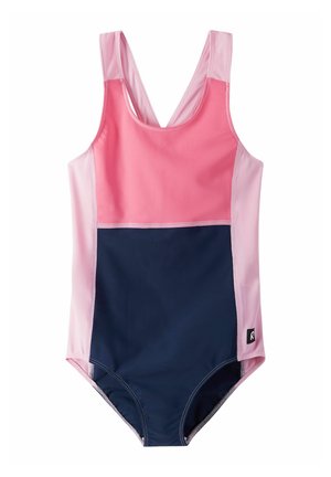 Jednoczęściowy strój kąpielowy dla dziewczynek z różowym topem i bokami, ciemnoniebieskim dołem i bezrękawnym dekoltem typu serek.