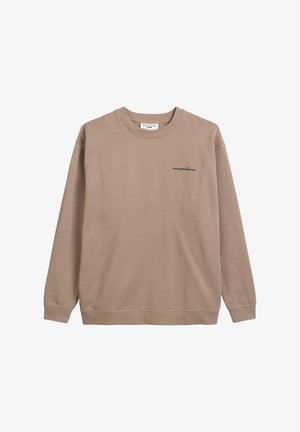 Beige Baumwoll-Sweatshirt mit rundem Ausschnitt und langen Ärmeln. Verfügt über ein kleines dunkelblau gesticktes Logo auf der linken Brust.