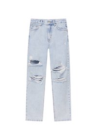 Jeans in denim azzurro chiaro con vestibilità rilassata, caratterizzati da grandi strappi e bordi sfrangiati su entrambe le gambe, design tradizionale a cinque tasche.
