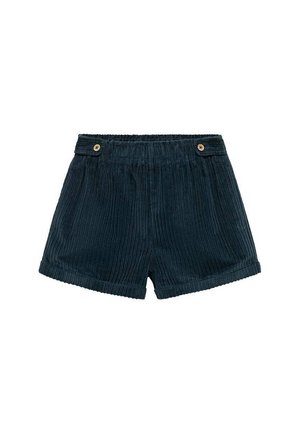 Szorty sztruksowe w głębokim granatowym kolorze z elastycznym pasem, dwoma złotymi guzikami i teksturowanym prążkowanym wzorem.