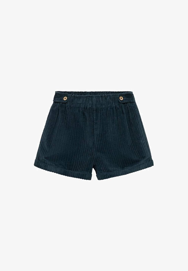 Shorts en velours côtelé bleu marine profond avec une ceinture élastique, deux boutons dorés en accent, et un motif côtelé texturé.