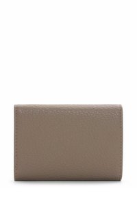 Leren portemonnee in een gedempte beige kleur, met een textuurafwerking en een rechtlijnig ontwerp, met zichtbare stiksels langs de randen.