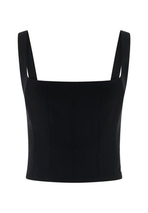 Čierny skrátený top s širokými ramienkami, ktorý má štruktúrovaný dizajn a vertikálne švy pre väčší tvar a detail. Hladká textúra.