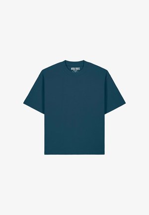 Schlichtes, dunkeltealfarbenes, übergroßes T-Shirt mit kurzen Ärmeln, Rundhalsausschnitt und "MIRA PARIS"-Label innen am Kragen.
