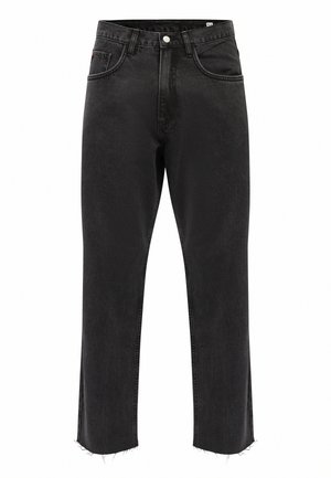 Zwarte denim high-waisted jeans met een rechte pijp, een rafelige zoom en subtiele stikdetails. Voorzien van zijzakken en een knoopsluiting.