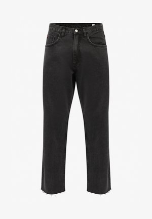 Jeans en denim noir taille haute avec une jambe droite, un ourlet effiloché et des détails de couture subtils. Équipés de poches avant et d'une fermeture à bouton.