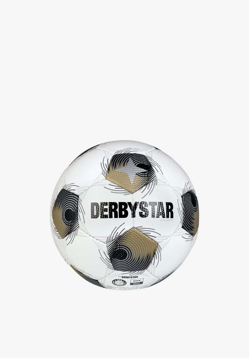 Derbystar soccer ball, white with black and gold hexagonal patterns, textured surface, black logo, and FIFA stamp for certification.