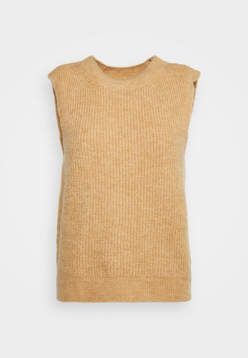 Sleeveless camel-colored knitted sweater vest with ribbed round neckline and textured pattern, shown on plain white background.