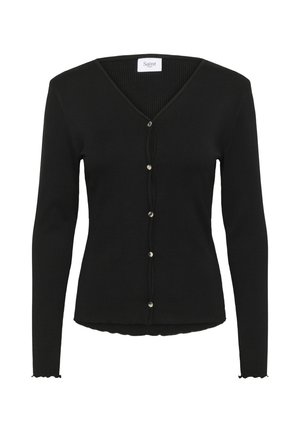 Cardigan nero a coste con scollatura a V, maniche lunghe e orlo scallop. Presenta cinque bottoni decorativi argentati lungo la parte anteriore.