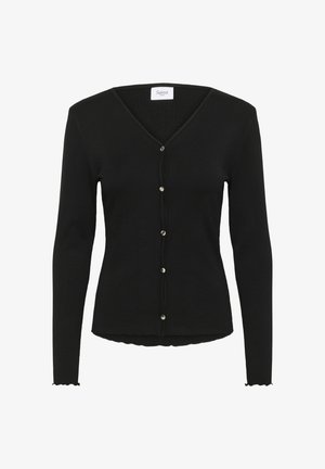 Black ribbed cardigan with a V-neck, long sleeves, and a scalloped hem. Features five decorative silver buttons along the front.