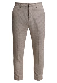 Karamelové a bílé kostkované kalhoty s úzkým střihem, vybavené bočními kapsami a plochým předním dílem. Materiál je strukturovaná tkanina.