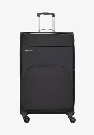 Black wheeled suitcase with a hard-shell exterior, aluminum handle, four spinner wheels, and front zippered pocket. Smooth texture and modern design.