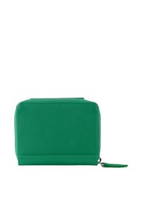 Portafoglio verde in pelle con una texture liscia, forma rettangolare, chiusura con zip e un tirazip decorativo sul lato.
