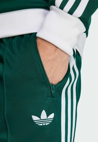 Zelené športové nohavice so zipovou kapsou, bielymi akcentmi a tromi bielymi pruhmi po stranách. Obsahujú malé biele logo.