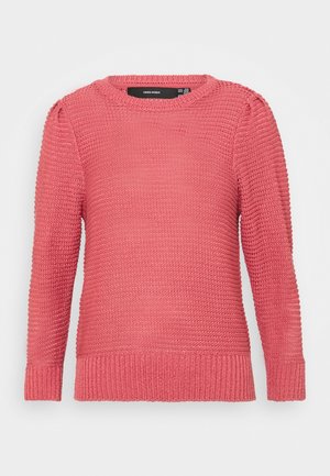 Roze gebreide trui met lange mouwen, ronde halslijn, textuurstof en geribbelde boorden en zoom. Heeft subtiele patroon details.