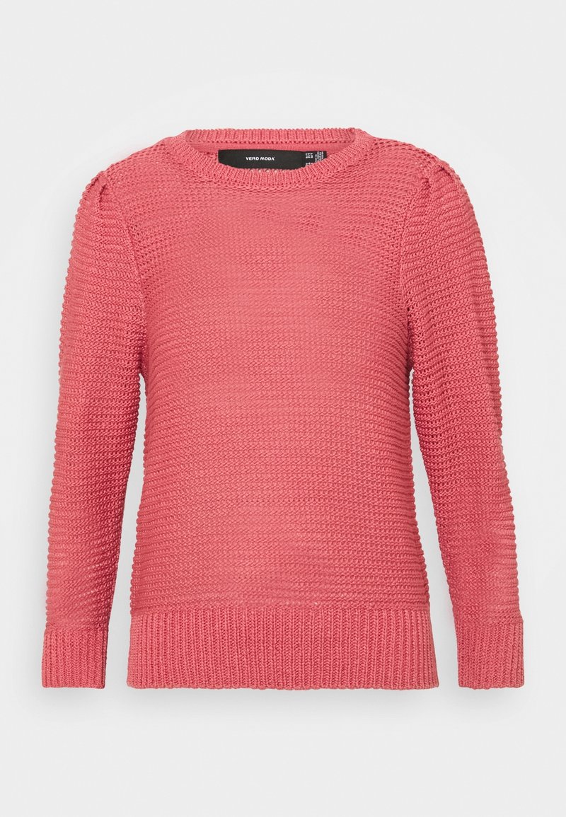 Růžový pletený svetr s dlouhými rukávy, kulatým výstřihem, strukturovanou tkaninou a žebrovanými manžetami a lemem. Obsahuje jemné vzorové detaily.