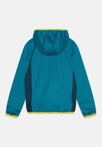 Teal hoodie with a drawstring, featuring navy side panels and a yellow trim at the hood and cuffs. Soft, textured fabric.