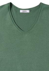Grüner, gestrickter V-Ausschnitt-Pullover mit weicher Textur. Etikett trägt die Aufschrift "CECIL". Verfügt über eine glatte Oberfläche und ein schlichtes Design.
