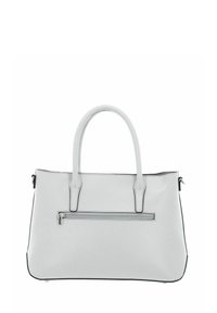Gray synthetic handbag with dual handles, zippered pocket on front, structured shape, and contrasting black edging. Smooth texture.