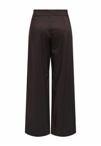 Schwarz hochtaillierte, weit geschnittene Hose mit glatter Oberfläche, von hinten vor weißem Hintergrund gezeigt.