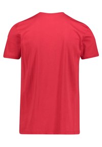 Rød bomulds t-shirt med rund hals og korte ærmer. Bagsiden er ensfarvet, med en glat tekstur og uden yderligere mønstre eller detaljer.