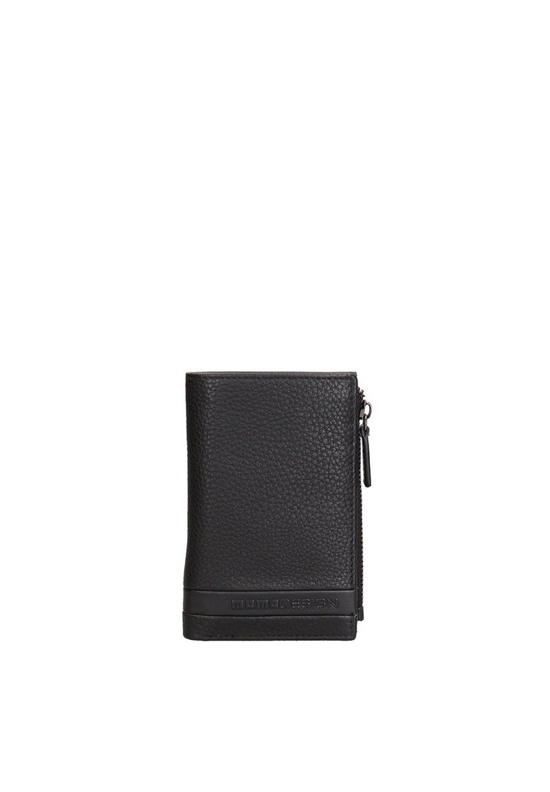 Black textured leather wallet with zipper on the side and embossed "Mimibesign" logo on a horizontal band near the bottom.