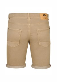 Khaki-denim-shortsit, joissa on käännetty helma, kaksi takataskua ja nahkaleima vyötärönauhassa. Sileä rakenne ja istuva malli.