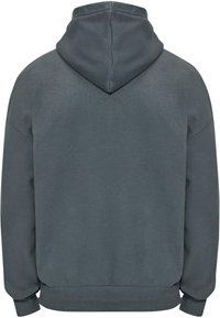 Grå bomulds-hættetrøje med snoretræk, struktureret stof, ribbede manchetter og kant, samt et klassisk pullover-design.
