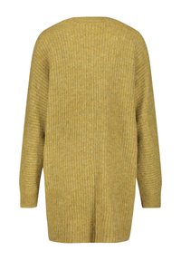 Hořčičně žlutý, žebrovaný pletený kardigan s volným střihem, dlouhými rukávy, širokým výstřihem a bočními rozparky na lemu pro zvýšené pohodlí.
