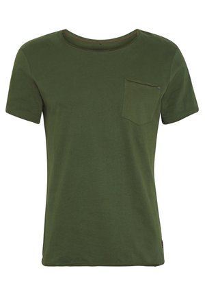 T-shirt en coton vert à manches courtes, à encolure ronde et avec une poche sur la poitrine. Présente des coutures minimales et une texture lisse et douce.