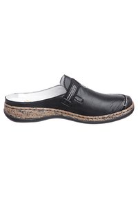 Schwarze Leder-Schlüpfschuhe mit Korksohle, ausgestattet mit weißen Nähdetails und einem runden Zehendesign.