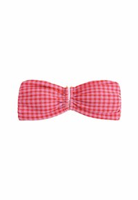 Rood en roze geruit bandeau-top met geplooide structuur, met een centrale twist en gouden accenten bij de sluiting.