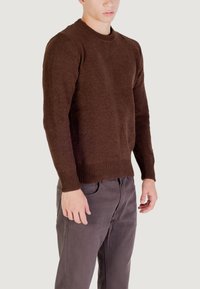 Maglione marrone lavorato a maglia con un collo a girocollo a coste e polsini, abbinato a pantaloni grigi. Il tessuto sembra strutturato e caldo.