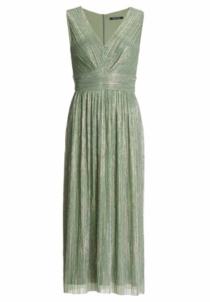 Abito midi plissé senza maniche verde metallizzato con scollo a V, vita aderente e chiusura con cerniera sul retro.