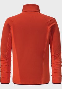 Red long-sleeve pullover with a high collar, featuring textured fabric and seamless sides for a fitted silhouette.