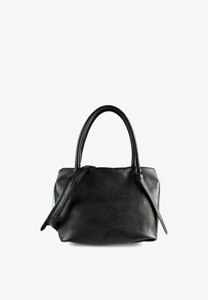 Borsa a mano in pelle nera testurizzata con doppi manici e tracolla removibile su sfondo bianco.