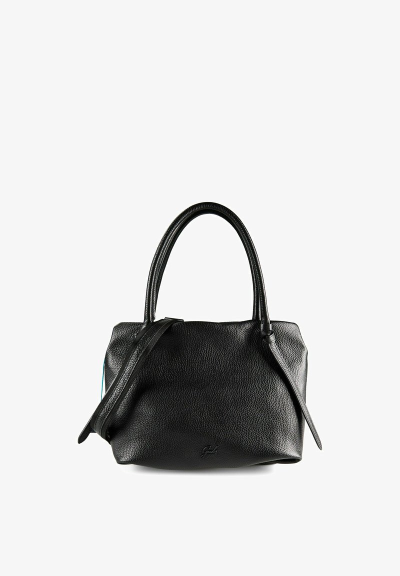 Sac à main en cuir noir texturé avec doubles anses et une bandoulière détachable sur fond blanc.