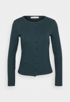 Dark teal long-sleeve cardigan with a round neck, ribbed texture, button front closure, and subtle vertical stripes.